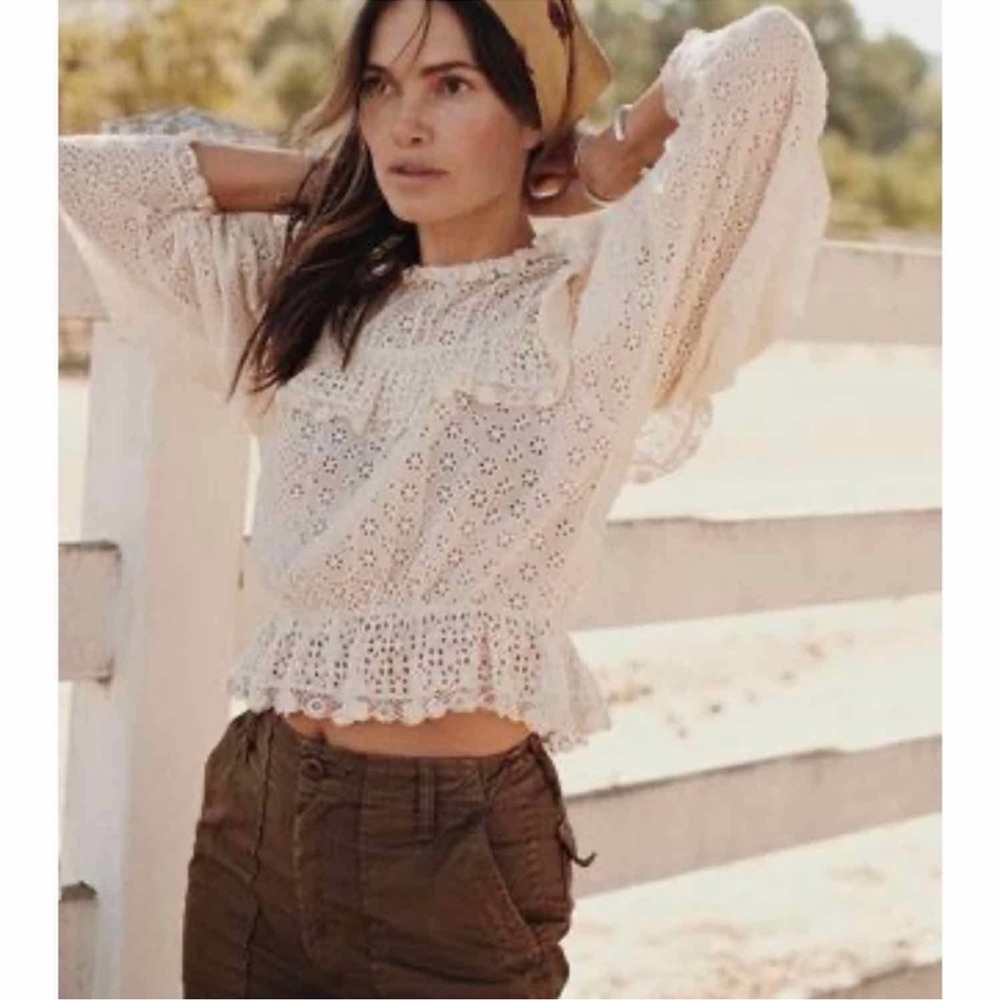 Doen Floryn Blouse - Lace Trim Broderie Anglaise Shirt - Size S